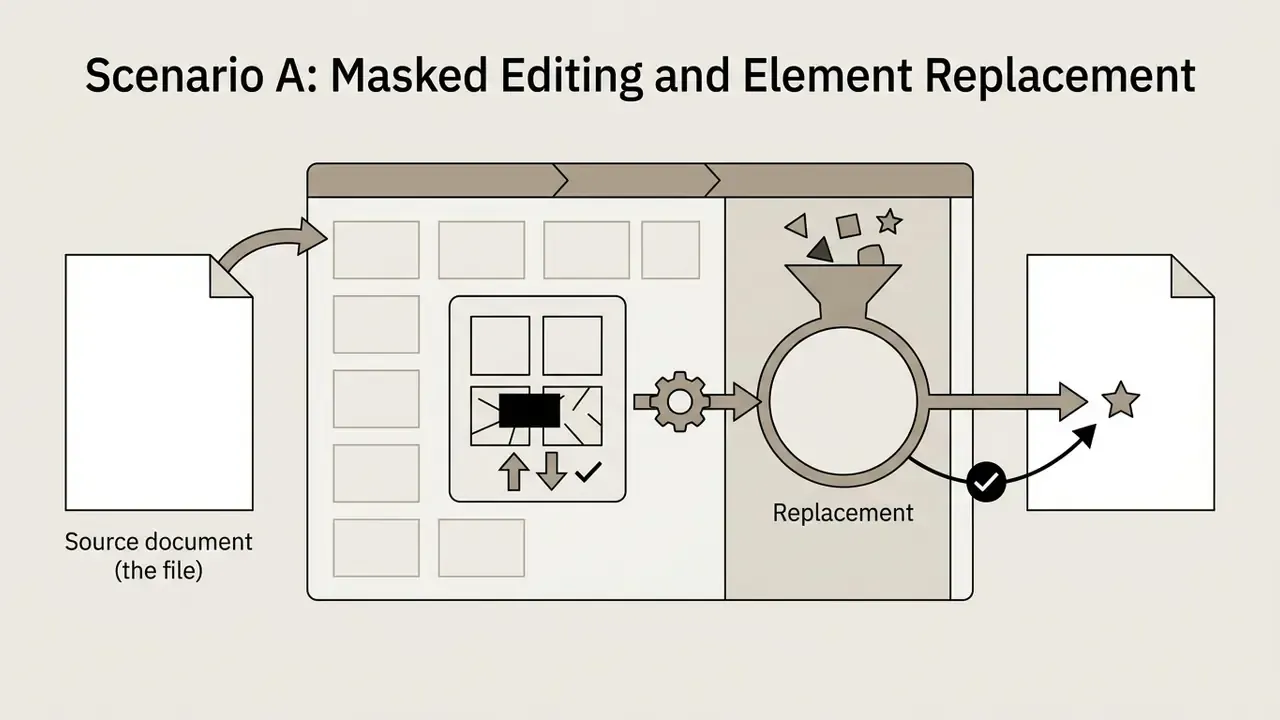Process showing a source document file being imported into an editing module for element replacement