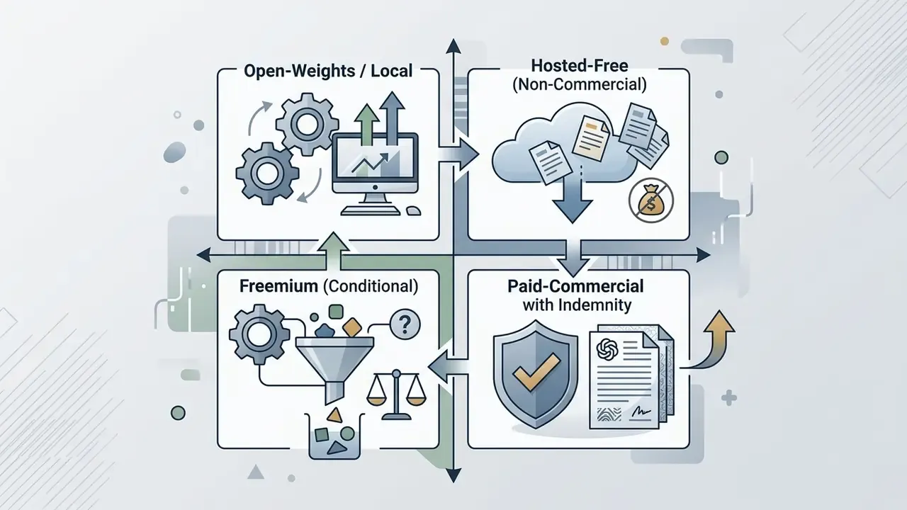 Quadrant graphic mapping software license classes with icons for local, free, freemium, and paid models