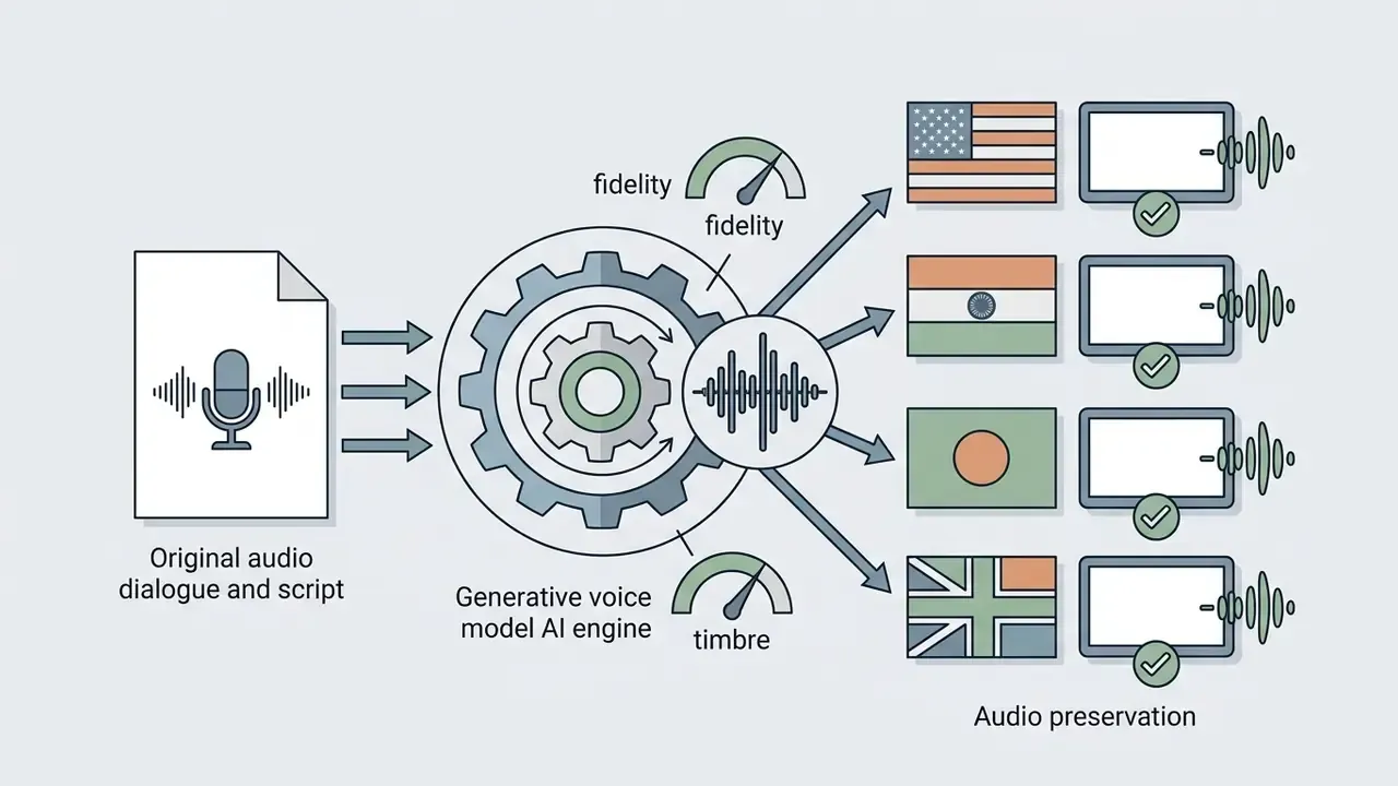 Generative AI engine processing original audio into multiple languages while preserving vocal timbre