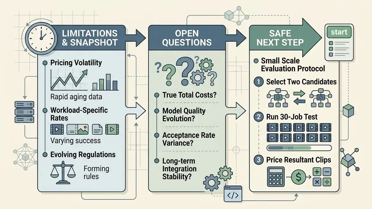 Three-part guide showing pricing volatility, open questions, and a small-scale evaluation protocol