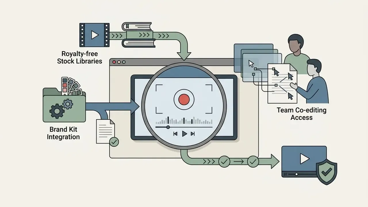 Stock libraries, brand kits, and team collaboration tools feeding into a centralized video project