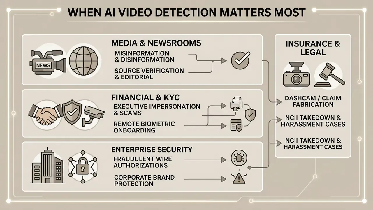 Categorized list of high-risk industries and scenarios requiring AI video detection and verification