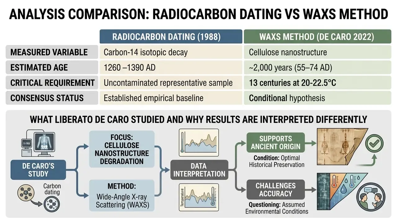 Comparison table and flowchart contrasting radiocarbon dating with the WAXS method for analyzing linen