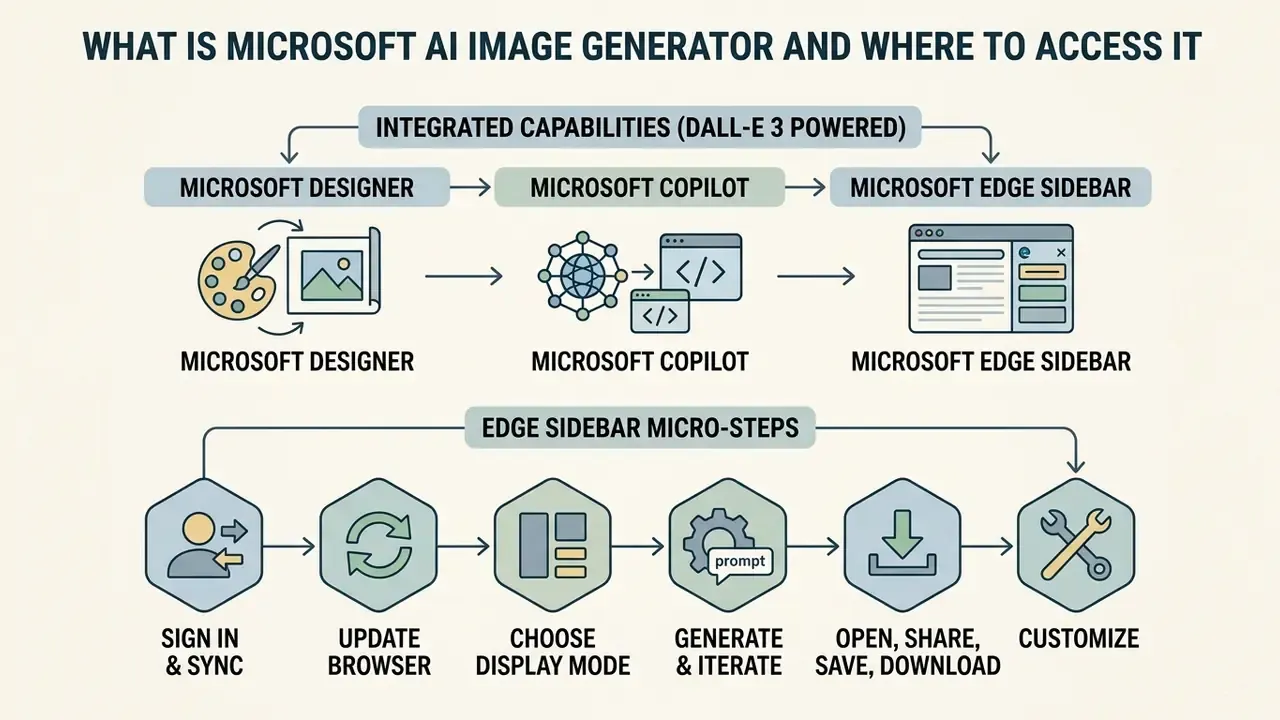 Infographic showing how Microsoft AI tools connect and the steps to configure the Edge sidebar