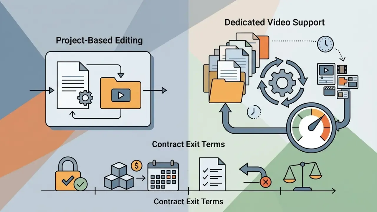 Icons representing contract exit terms including a calendar, document, and scale for service agreements