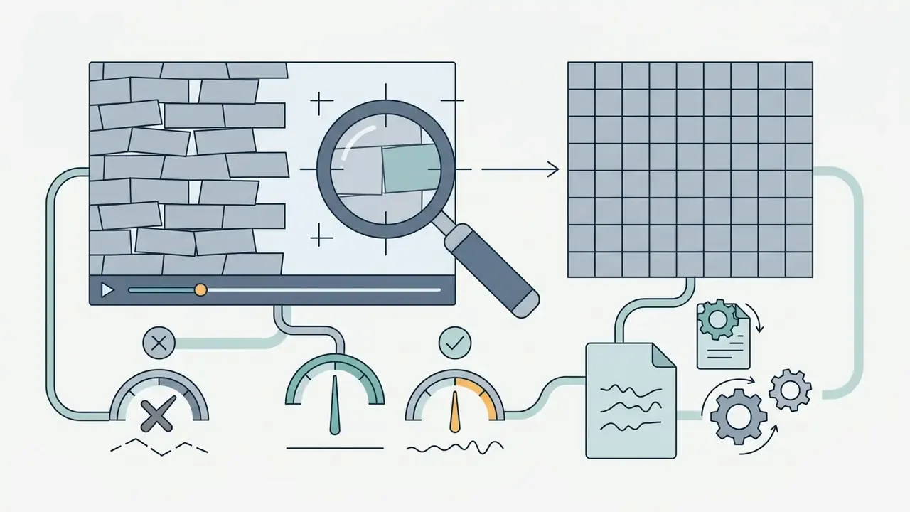 Magnifying glass inspecting brick texture patterns for quality control in a digital video workflow