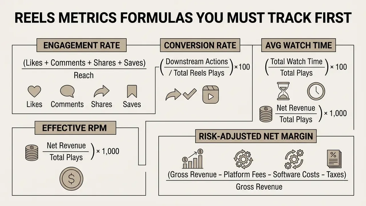 Mathematical formulas for calculating engagement, conversion, watch time, RPM, and risk-adjusted margins