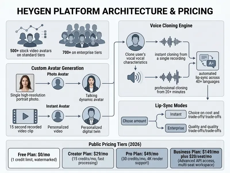 Overview of HeyGen avatar generation, voice cloning capabilities, and public subscription pricing tiers