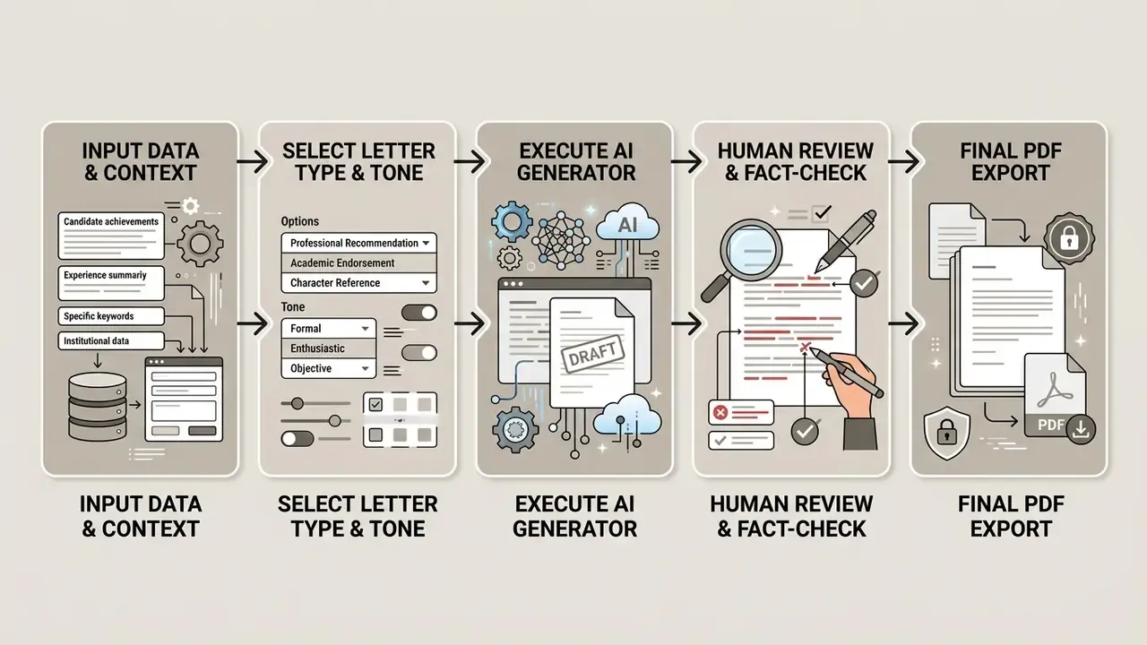 Sequential process diagram showing the stages of using an AI reference letter generator from input to PDF