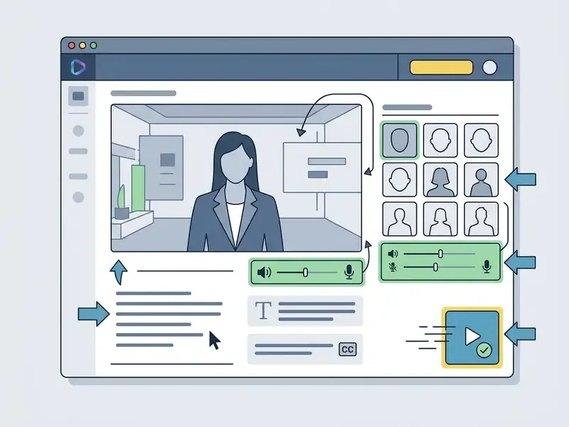 Annotated HeyGen AI interface showing script, avatar, voice, and caption controls with a generate button