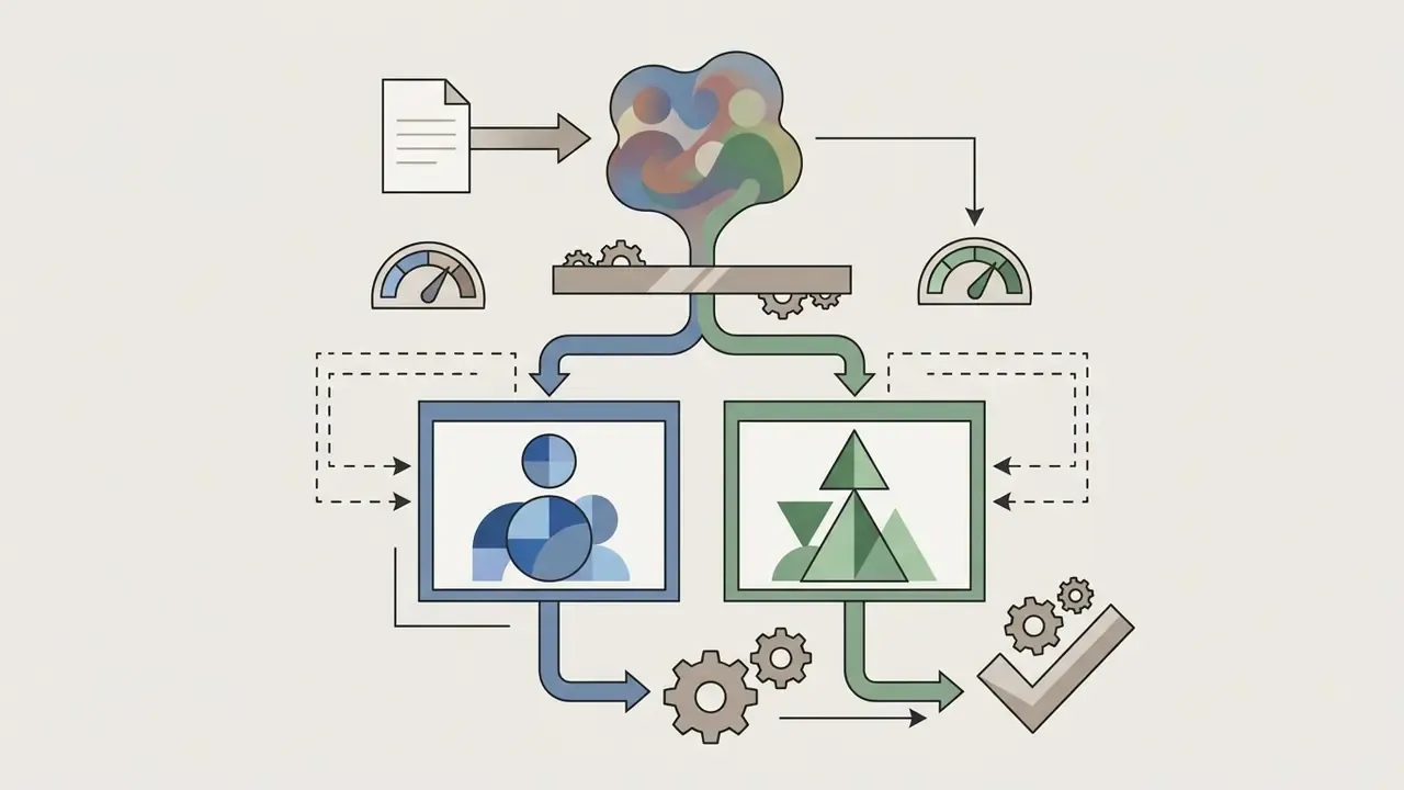 Document input processed through a central hub into distinct human and geometric avatar outputs