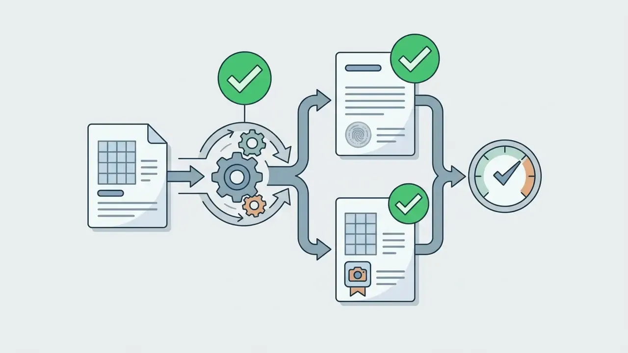 Document processing through a gear mechanism into verified metadata and labeled synthetic image files