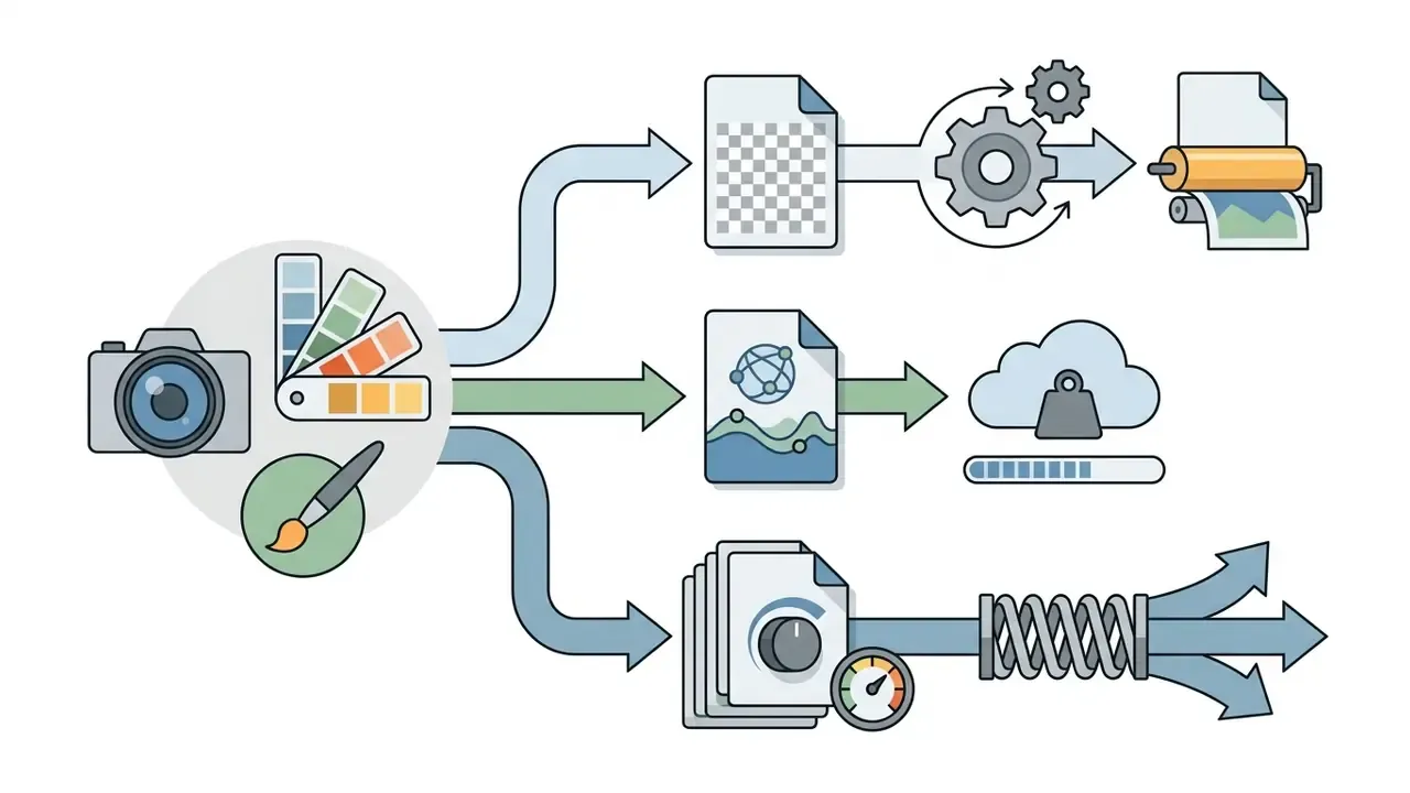 Image files processed through different workflows for printing, web storage, and delivery