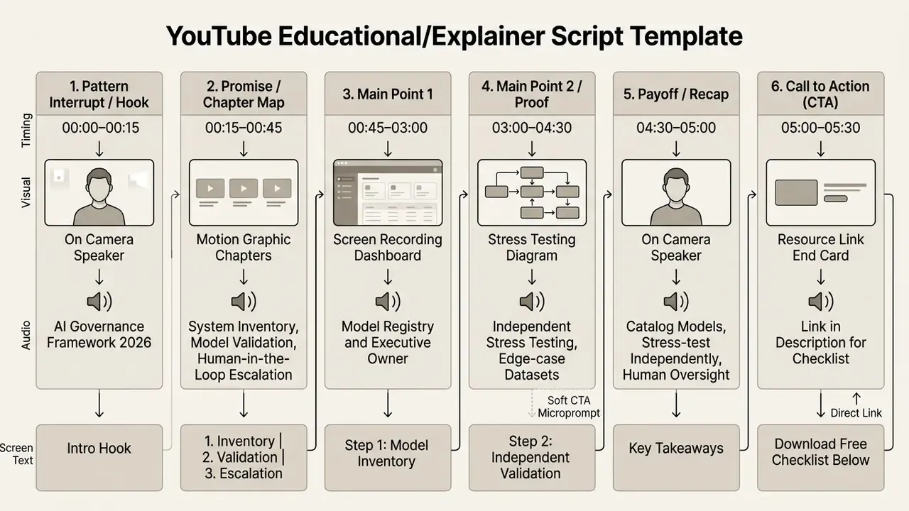 Six sequential columns outlining timing, visual, audio, and screen text components for video production