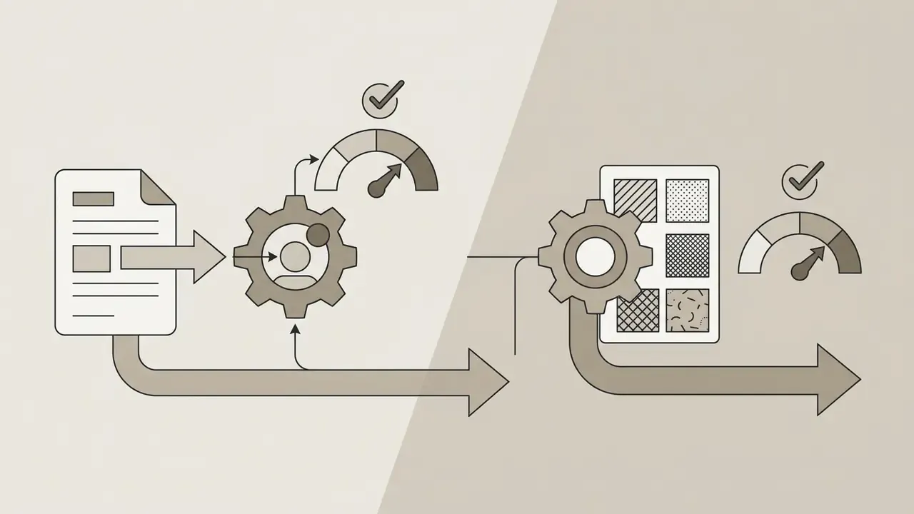 Two-part process showing gear-driven subject insertion and style application with satisfaction gauges