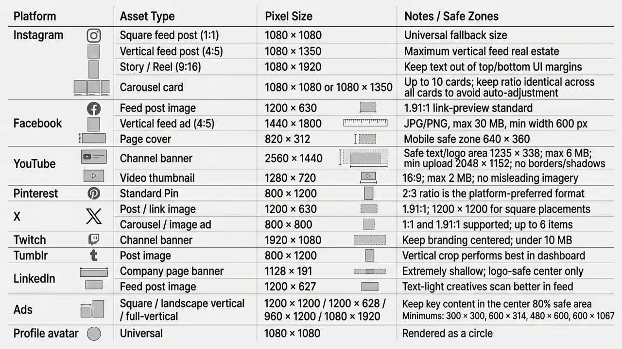List of social media platforms with their specific asset types, pixel dimensions, and design notes