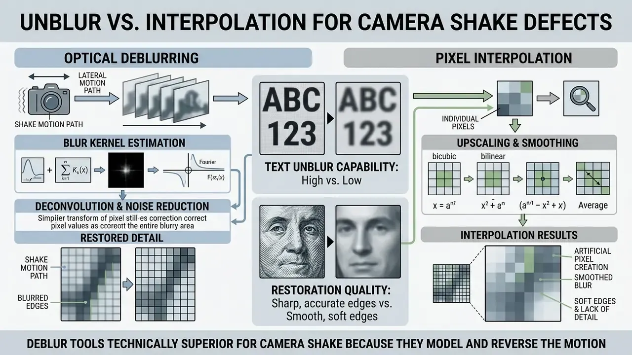 Comparison of optical deblurring and pixel interpolation to fix blurry camera shake defects