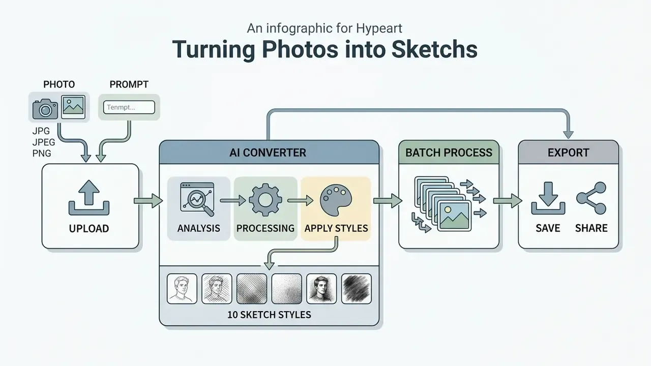 Flowchart showing the process to turn a photo into a sketch through upload, AI conversion, and export