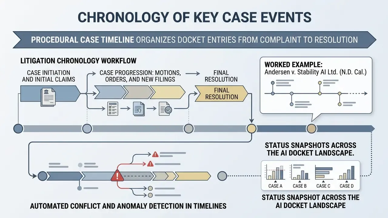 Procedural timeline diagram showing litigation workflow steps alongside conflict detection and case examples