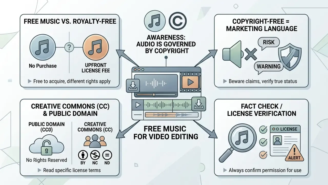 Infographic explaining copyright considerations for free music for video editing using icons and flow charts