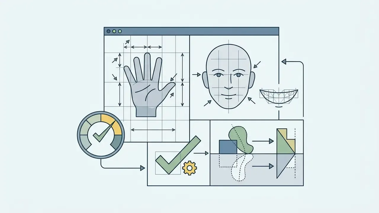Grid panels showing measurements of a hand, a face, and geometric reflections with a status check icon