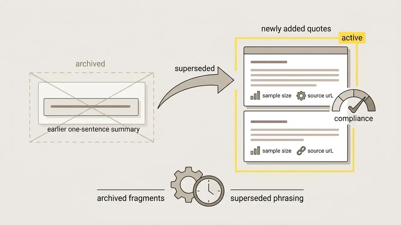 Arrow pointing from a crossed-out archived summary to active document quotes with compliance gauges