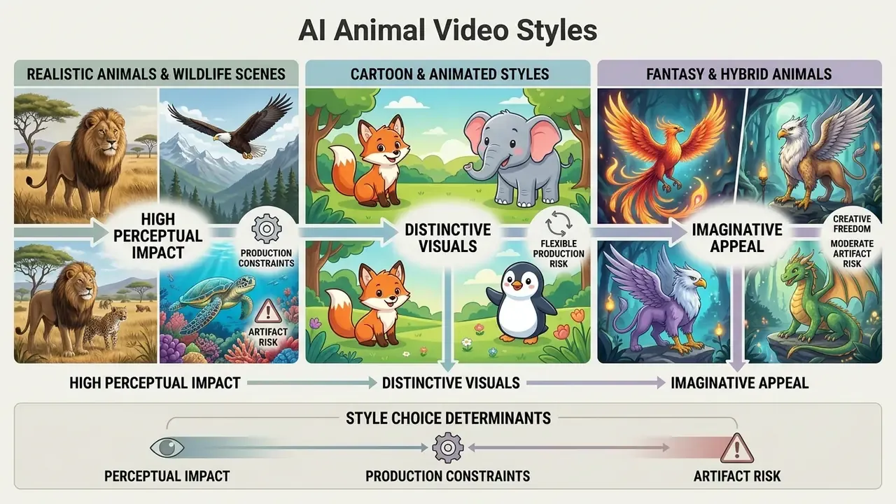 Infographic comparing AI animal video styles across realistic, cartoon, and fantasy categories