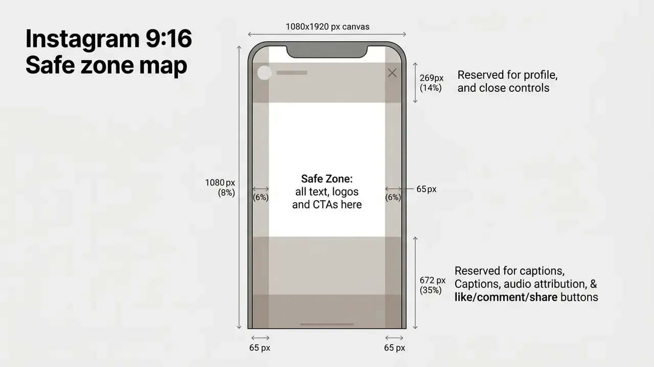 Diagram of a vertical phone screen showing pixel dimensions for UI overlays and the central safe zone