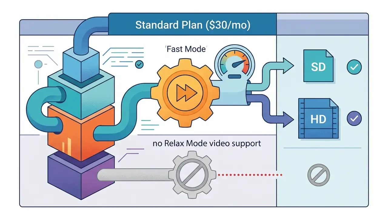 Standard subscription plan showing Fast Mode processing for SD and HD outputs with no Relax Mode support