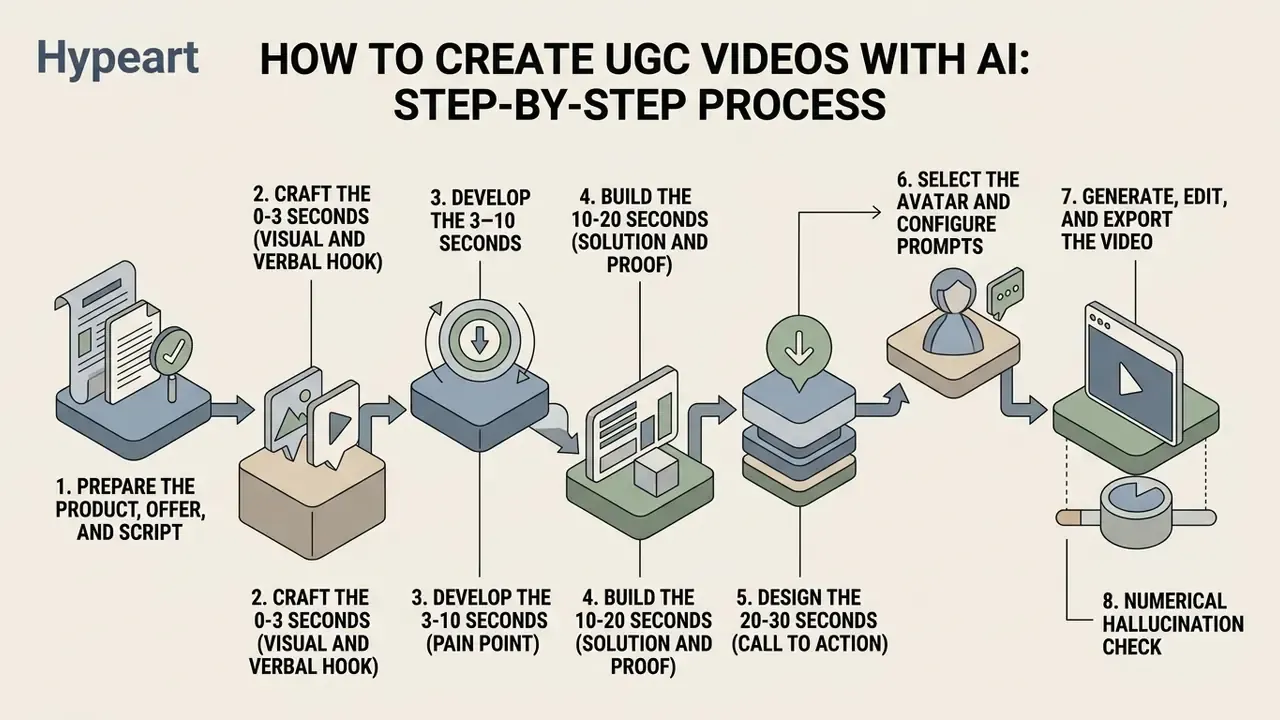 Eight-step linear workflow showing the creation of marketing content from script preparation to export