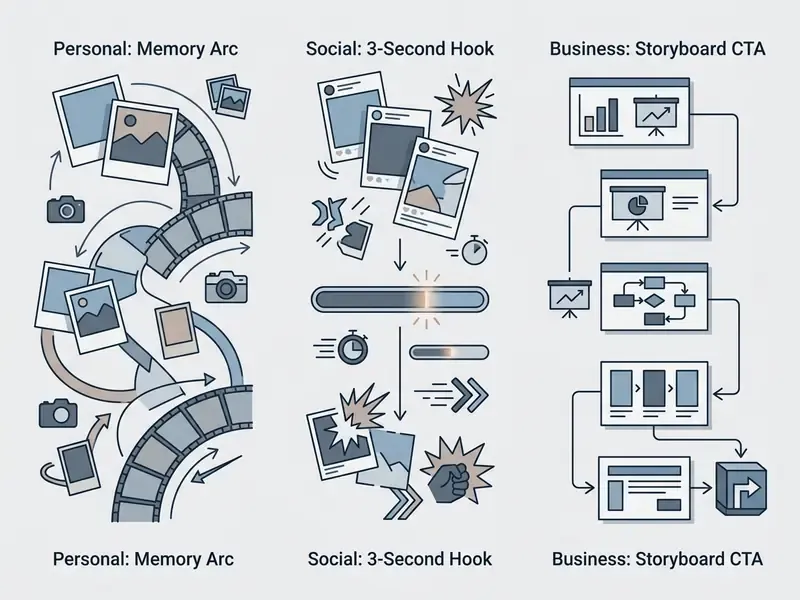 Diagram showing three video montage strategies for personal memory arcs, social hooks, and business storyboards