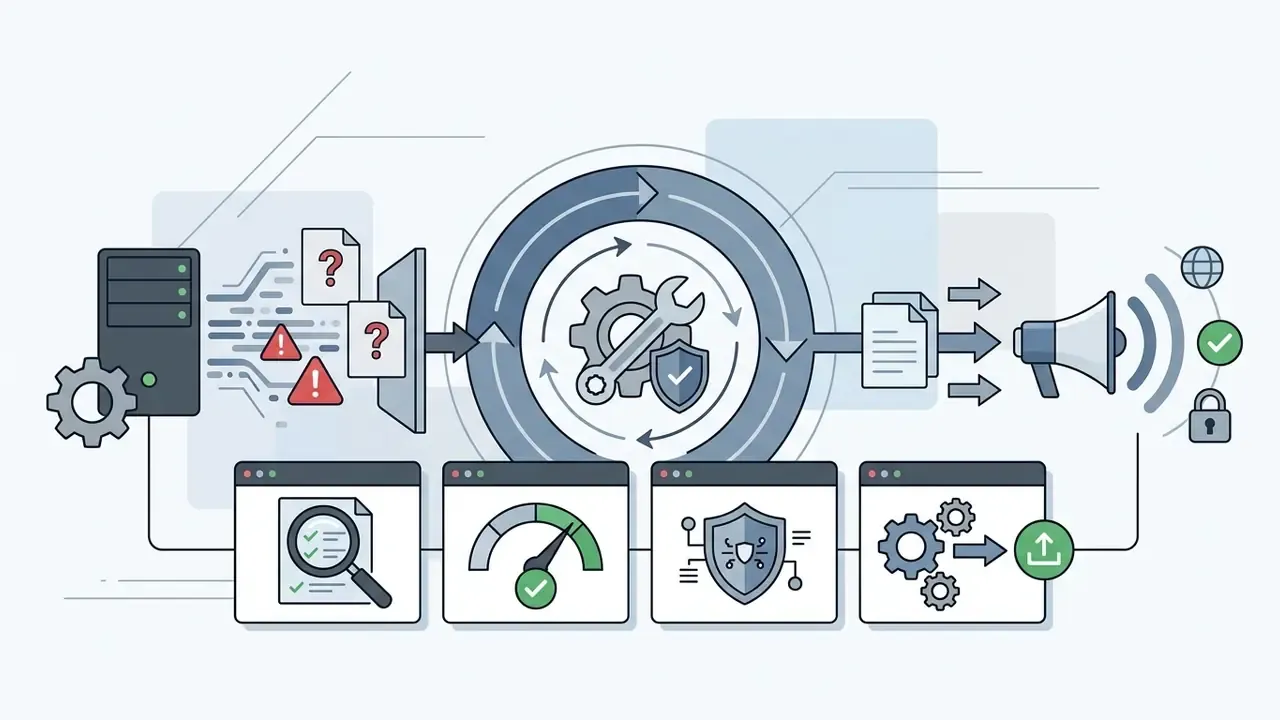 Process flow showing files with warning symbols being validated by a central gear mechanism before public release