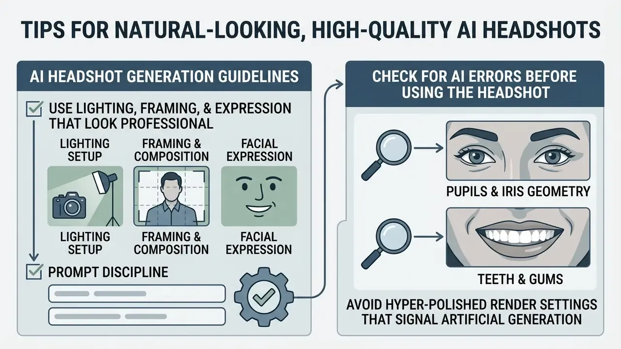 Infographic outlining professional guidelines for lighting, framing, and checking AI headshot details