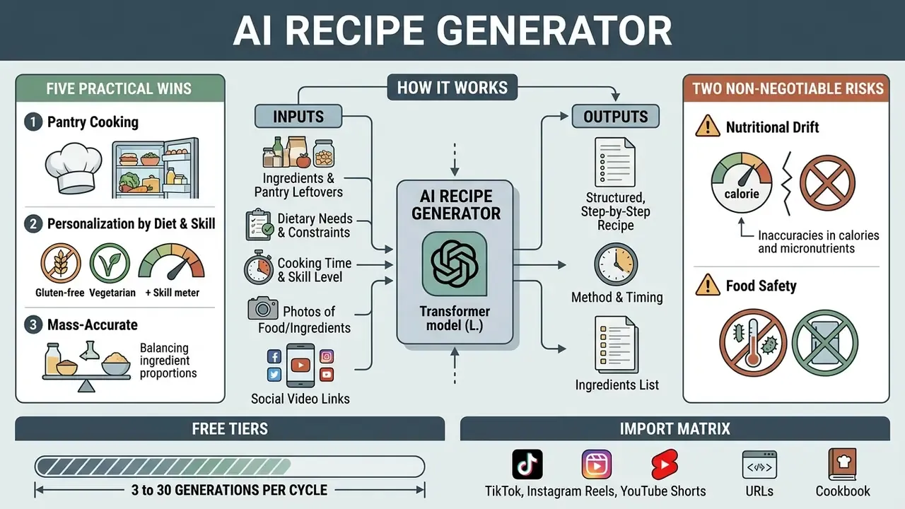 Infographic showing how an AI recipe generator processes various inputs to create structured cooking instructions