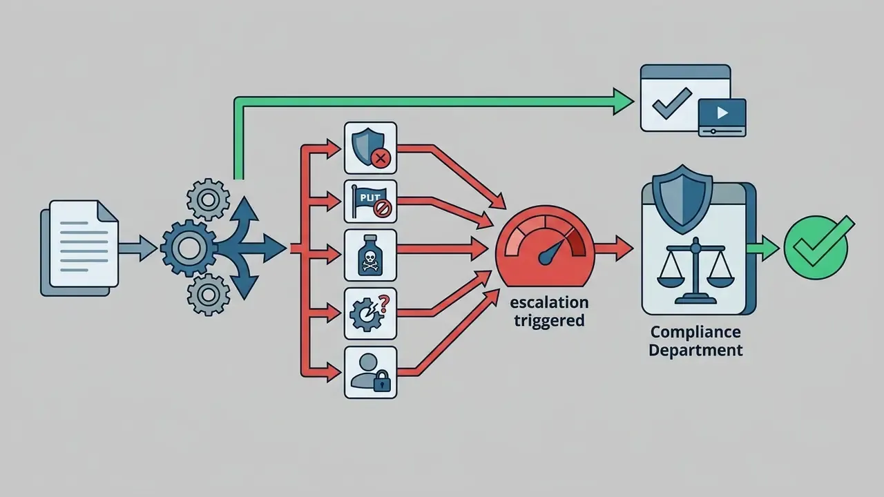 Document processing flow routing flagged content to a compliance department for review
