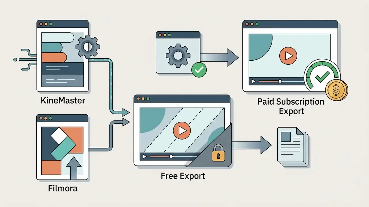 KineMaster and Filmora interfaces branching into watermarked free exports or paid subscription outputs
