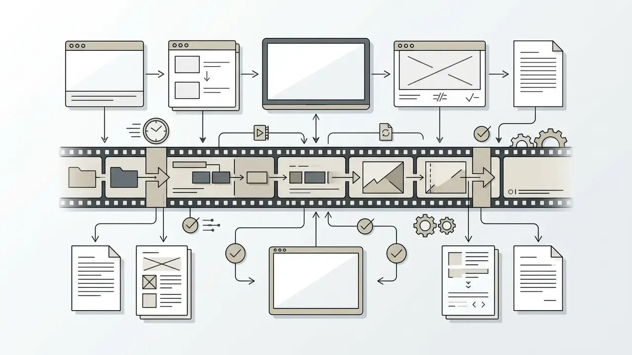 Linear film strip diagram showing the sequence of video production steps with connected software windows
