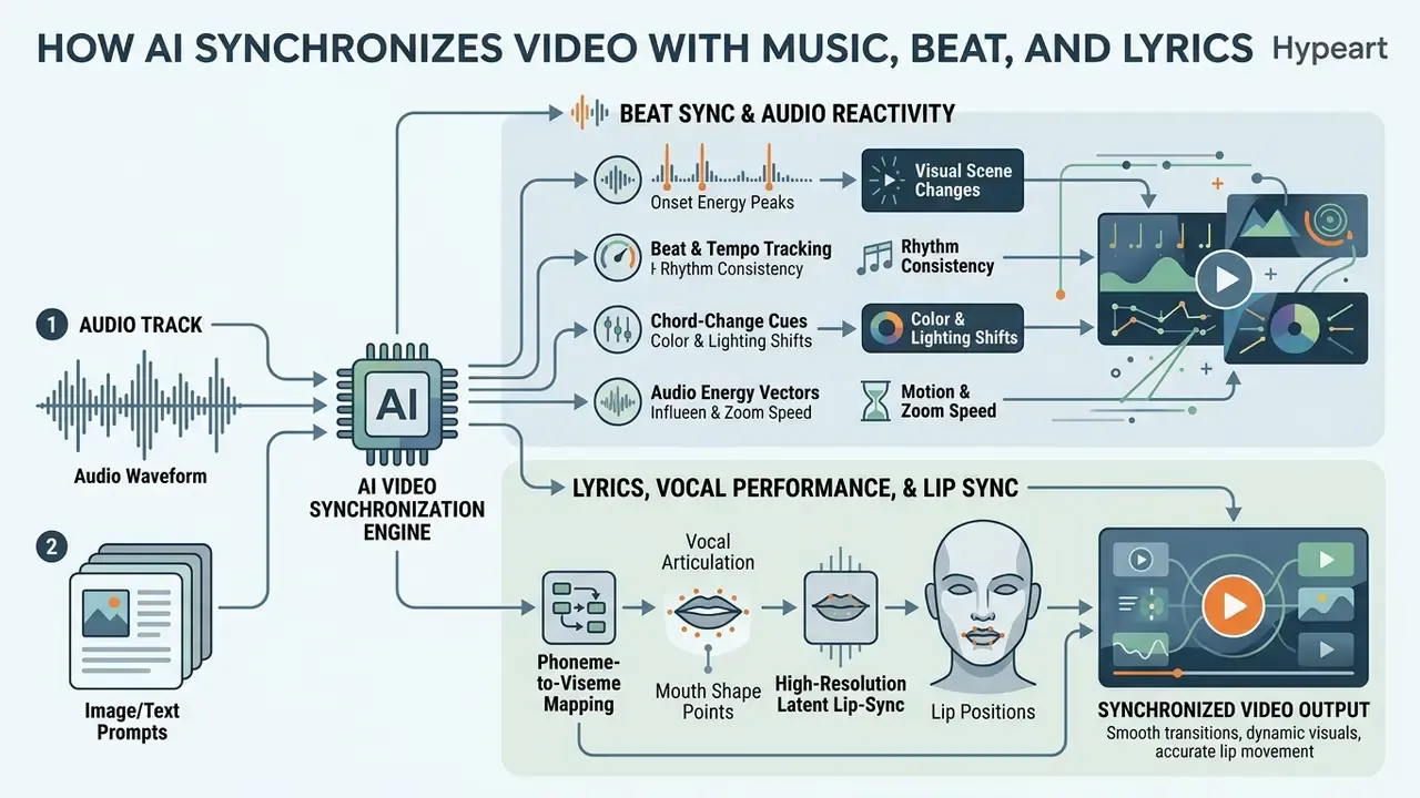 Technical diagram showing how audio input and prompts are processed to align visuals with beat and lip sync