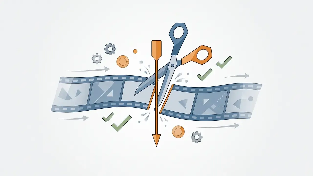 Scissors cutting a strip of film with checkmarks and gears to represent how to edit videos
