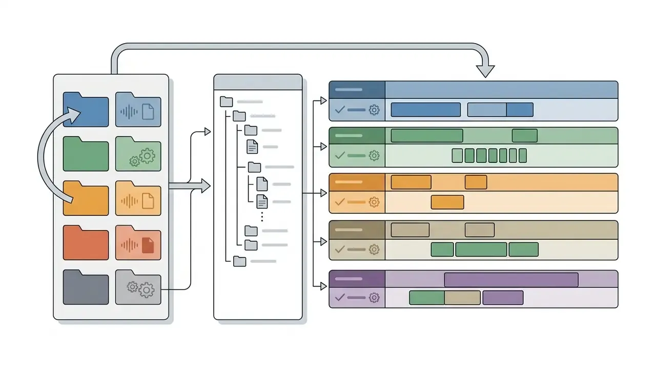 Color-coded asset folders moving through a file directory structure into a multitrack editing timeline