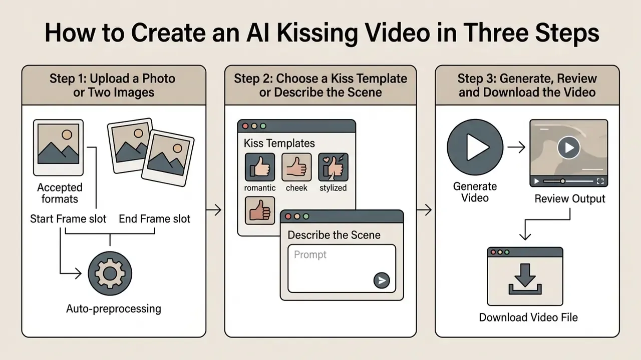 Three-step workflow for an ai kissing generator showing photo uploads, template selection, and video output