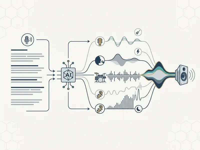 Diagram showing lyrics and vocal input processed by an AI engine to synthesize multi-instrumental audio