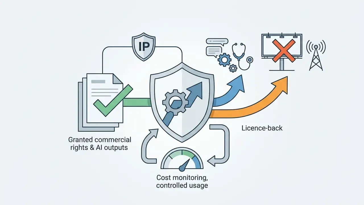 Shield icon connected to documents, cost gauges, and crossed out billboard symbols representing IP rights