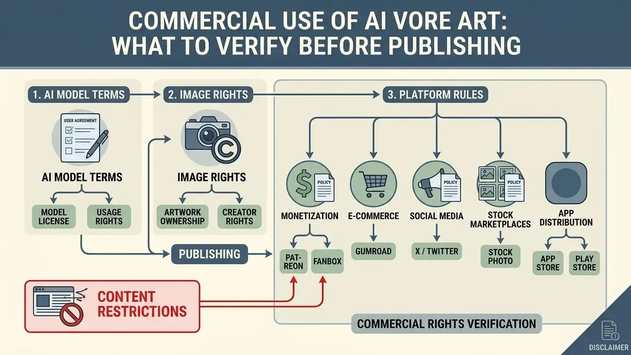 Flowchart outlining steps to verify model terms, image rights, and platform rules before publishing content