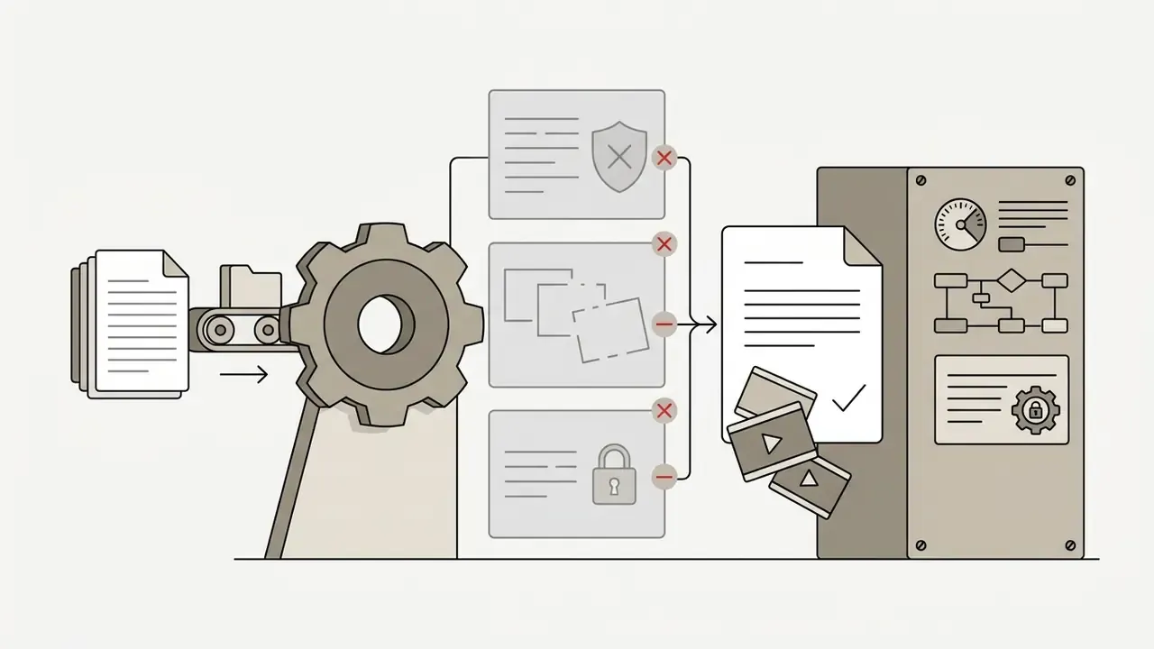 Documents moving through a gear mechanism to bypass moderation layers and reach a server unit
