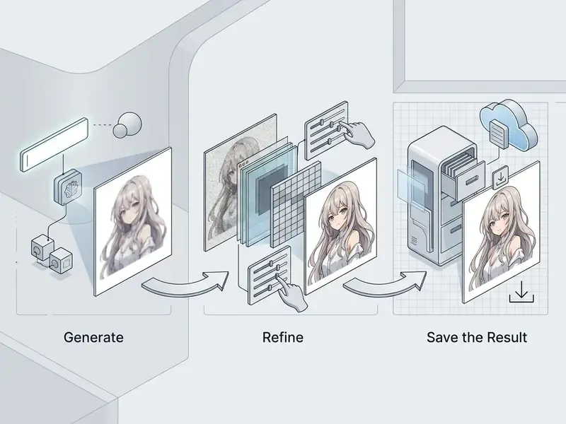 Diagram showing the transformation of anime character images through adjustment layers and cloud storage