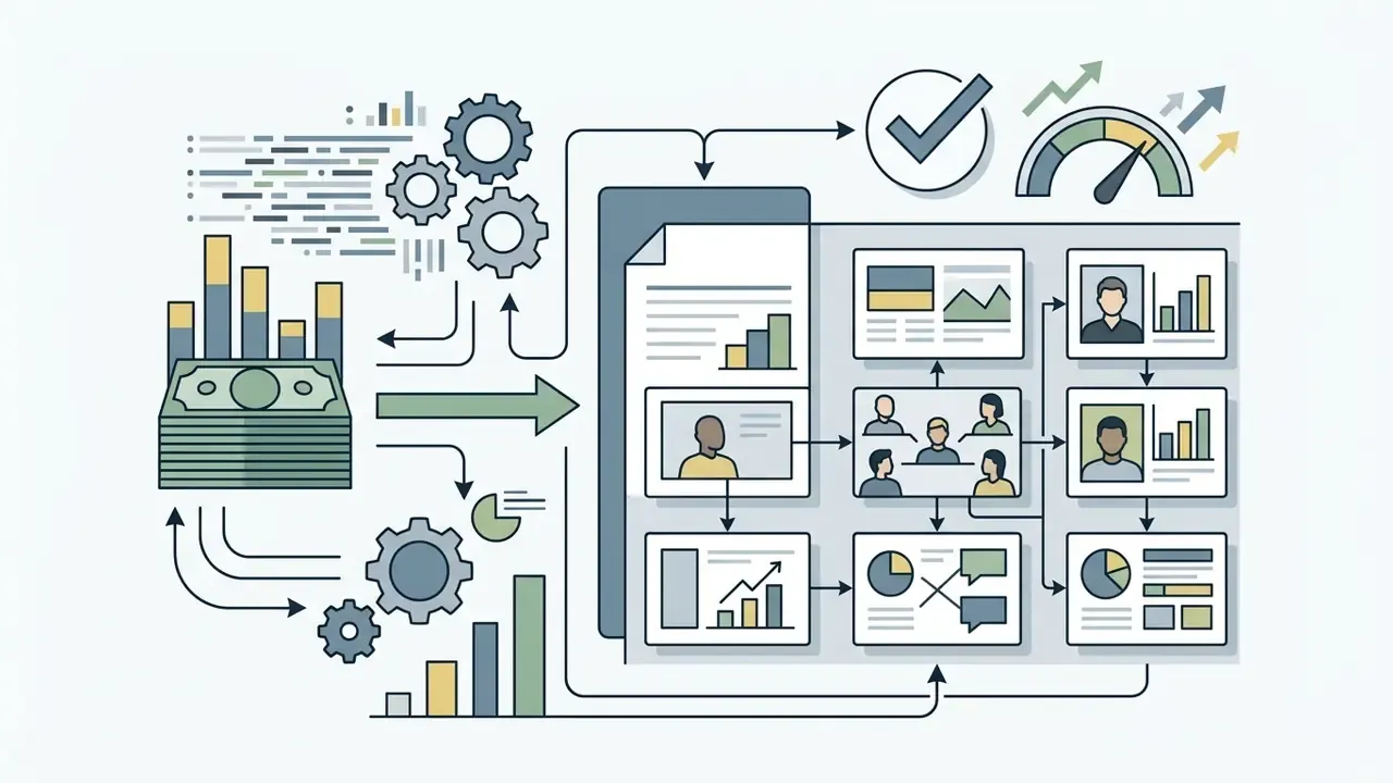 Financial budget inputs flowing through gears into a structured grid of corporate video and data slides