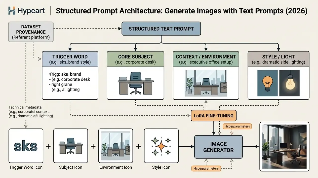 Diagram showing the components of a structured prompt for generating images with LoRA fine-tuning