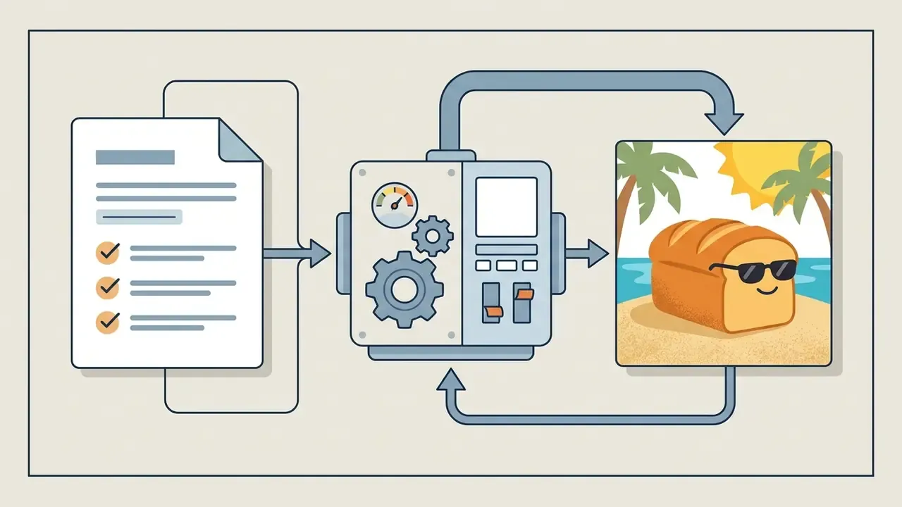 Checklist feeding into a mechanical processor that outputs a loaf of bread wearing sunglasses on a beach