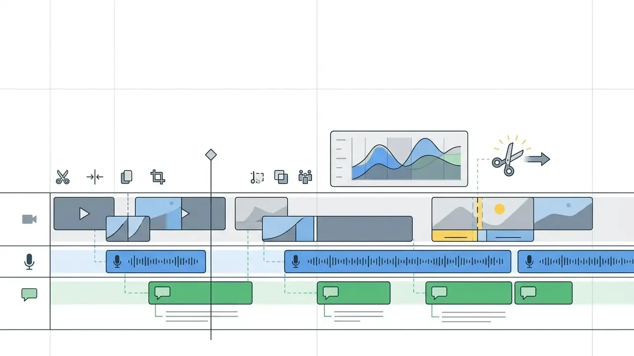 Layered video editing timeline with audio waveforms, text blocks, and a scissor icon for trimming clips